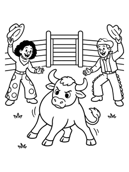 Two friendly rodeo clowns wave their hats in an arena in this bull coloring page.