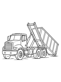 A detailed truck coloring page featuring a heavy-duty roll-off vehicle lowering a large dumpster bin.