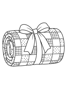 A rolled-up patterned quilt coloring page tied neatly with a wide fabric ribbon and bow.