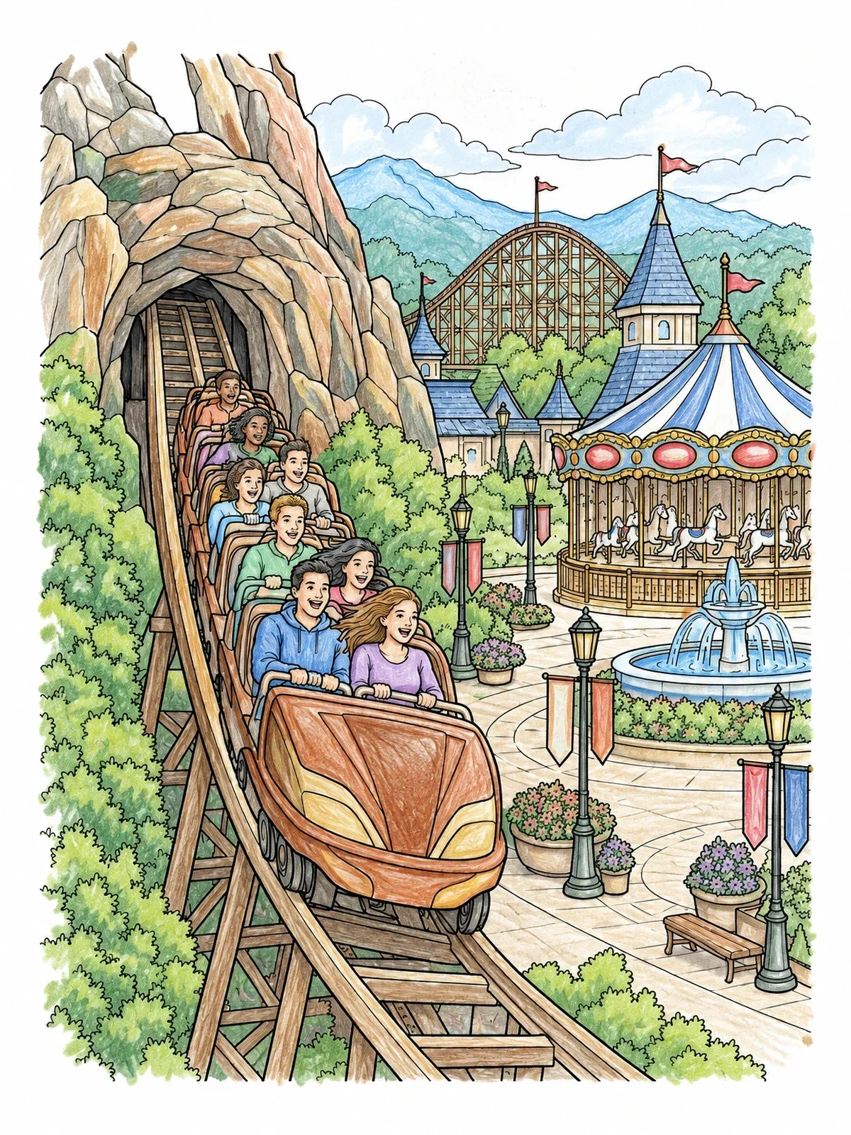 Colored example of the Roller Coaster Mountain Tunnel Drop coloring page