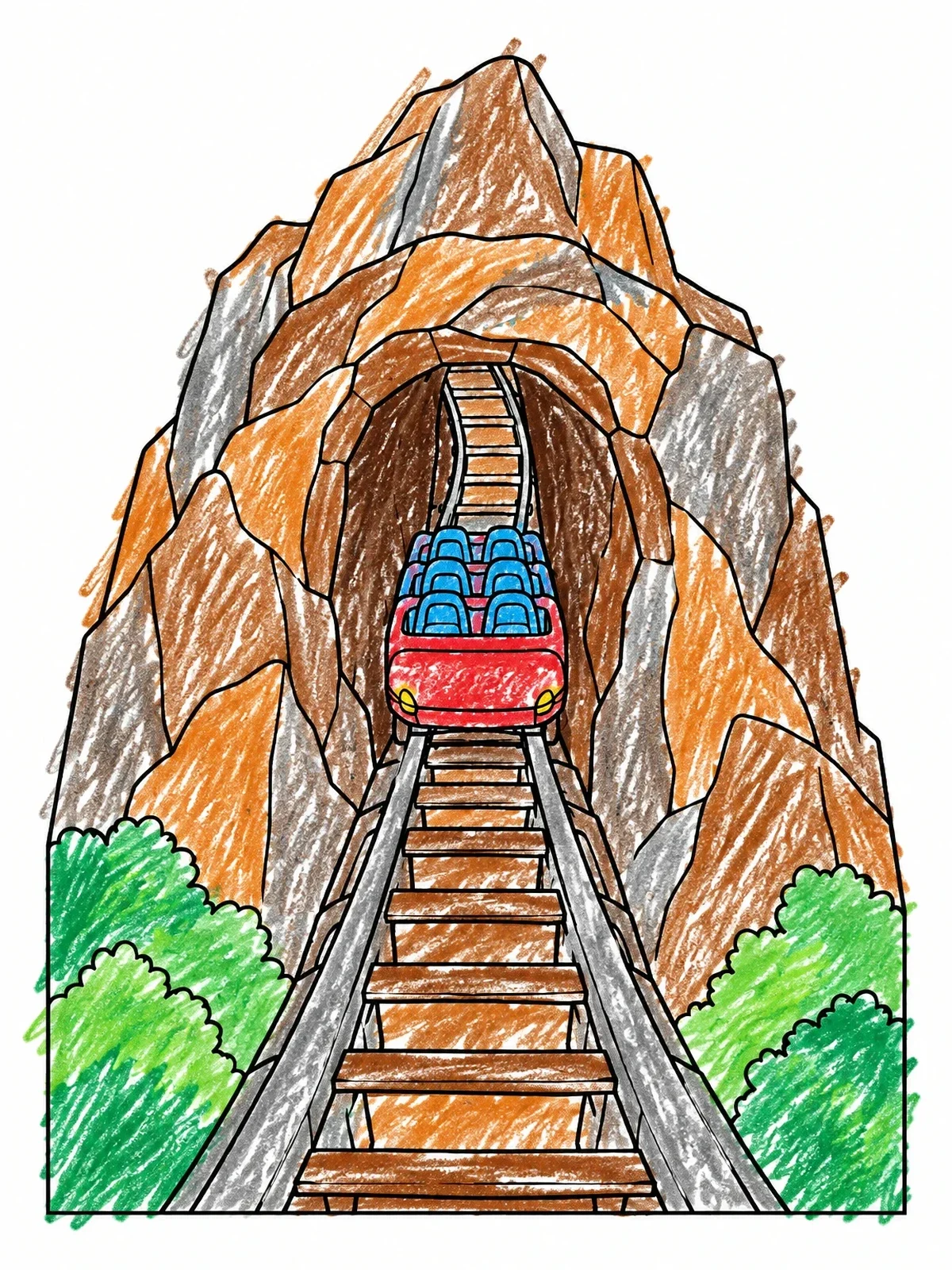 Colored example of the Roller Coaster Mountain Tunnel Ride coloring page
