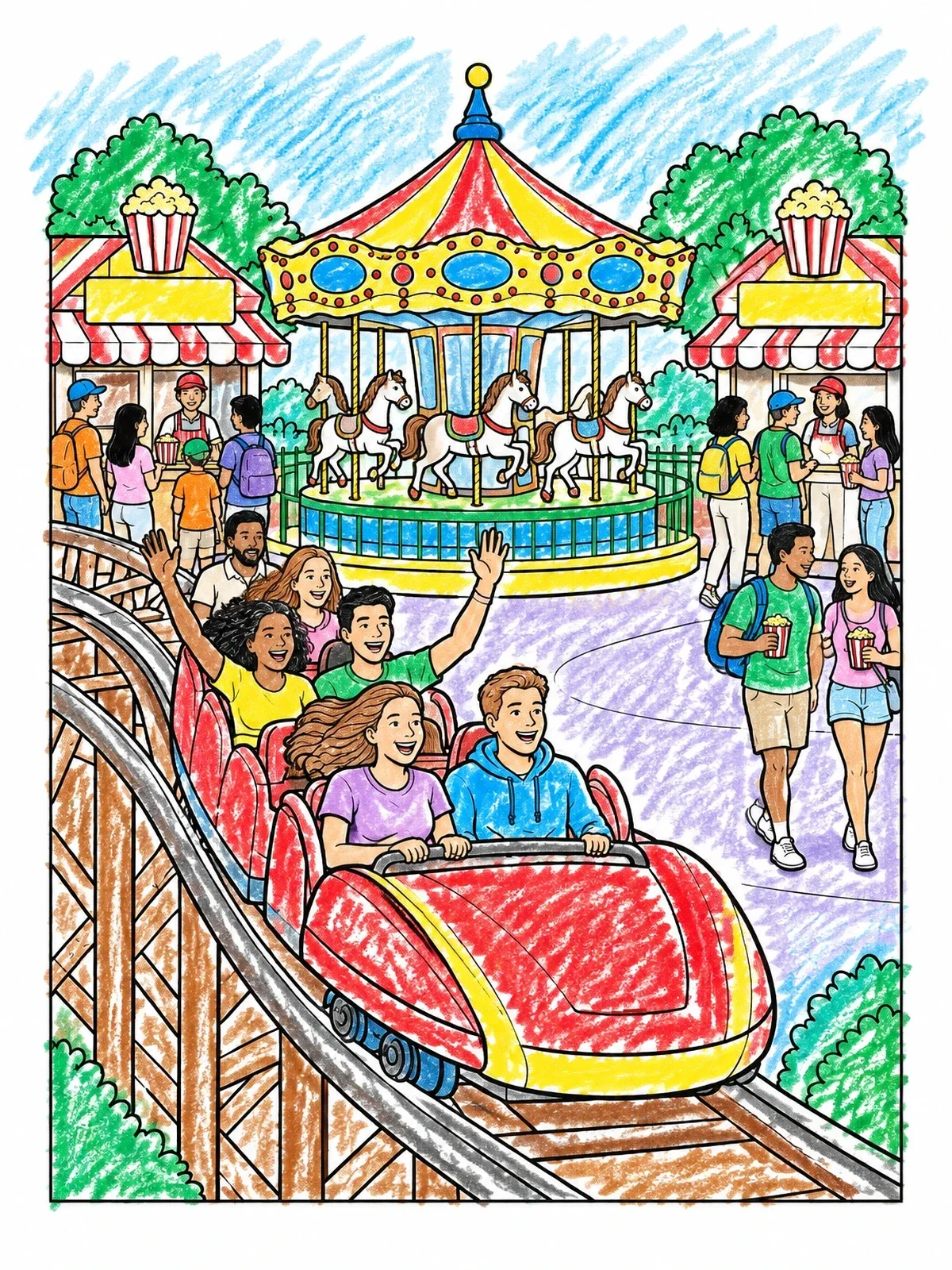 Colored example of the Roller Coaster Past Theme Park Carousel coloring page