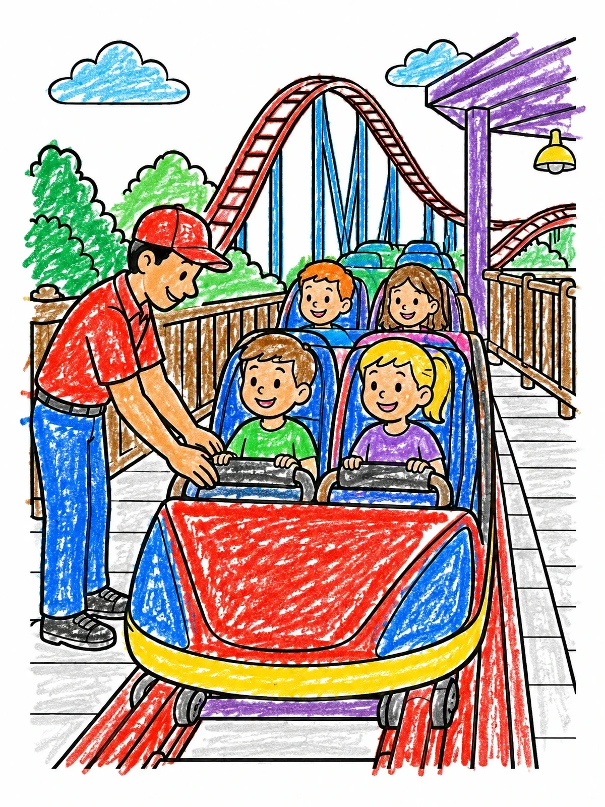 Colored example of the Roller Coaster Station Safety Check coloring page