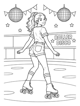 A girl skates backward under disco balls in this roller skating coloring page.