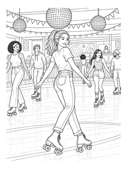 A girl skates backward under disco balls in this roller skating coloring page.