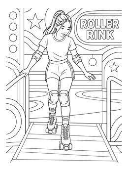 A girl carefully glides onto the rink floor in this roller skating coloring page.