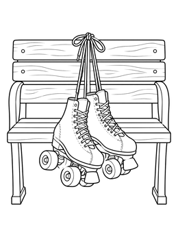 A pair of tied roller skates on this roller skating coloring page hangs over a wooden park bench.