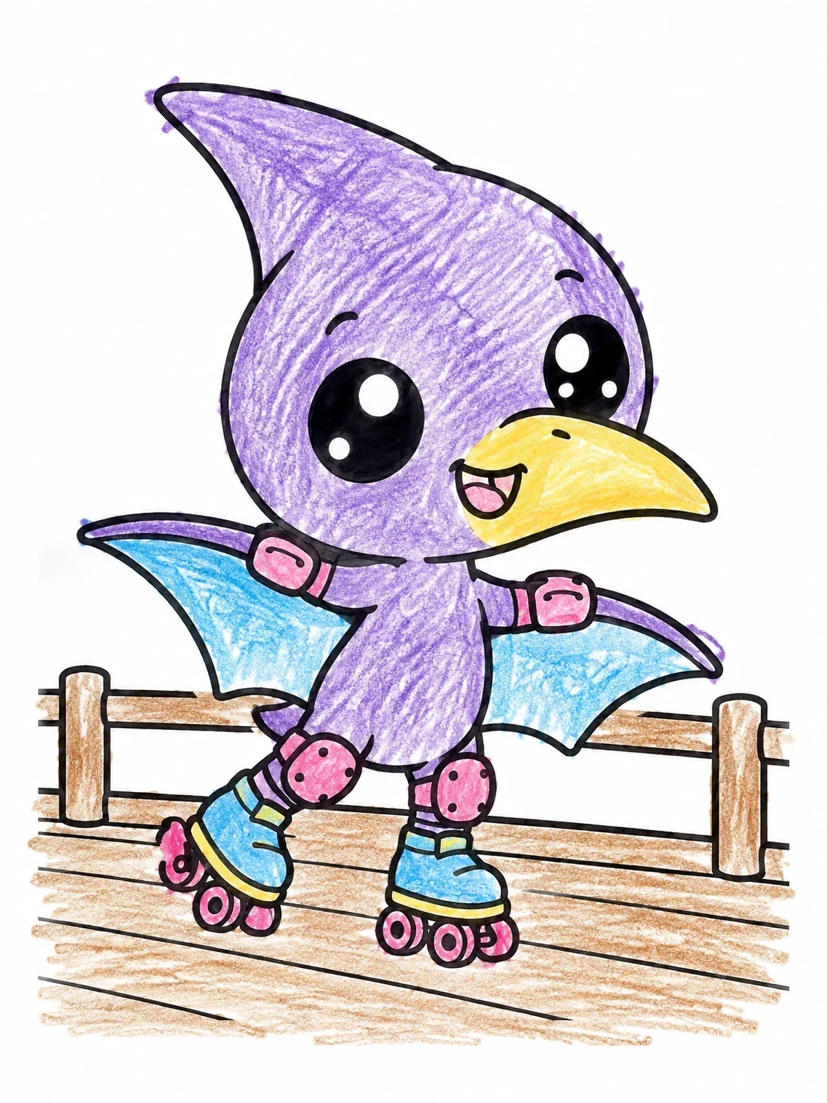 Colored example of the Roller Skating Baby Pterodactyl coloring page