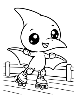 A cute pterodactyl coloring page showing a baby dinosaur roller skating along a wooden boardwalk.