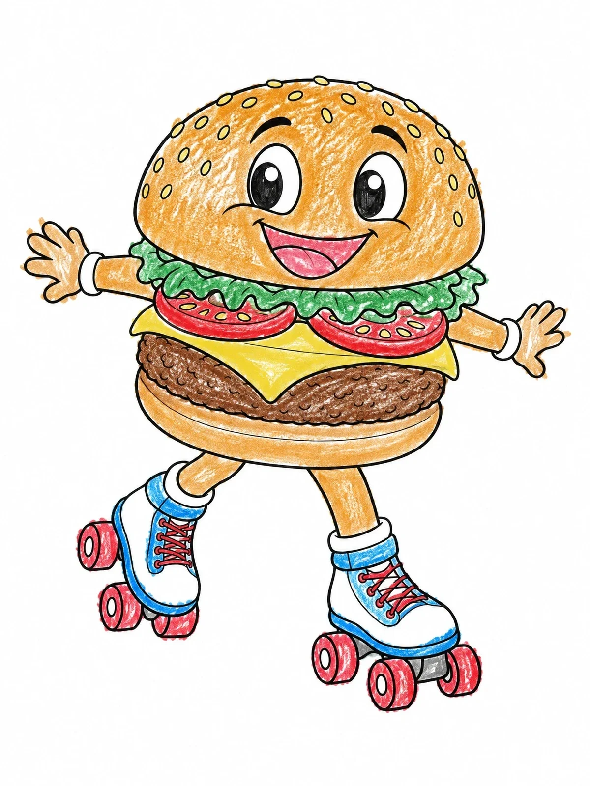 Colored example of the Roller Skating Cartoon Hamburger coloring page