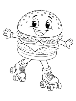 A cheerful hamburger coloring page showing a cartoon burger on retro roller skates.