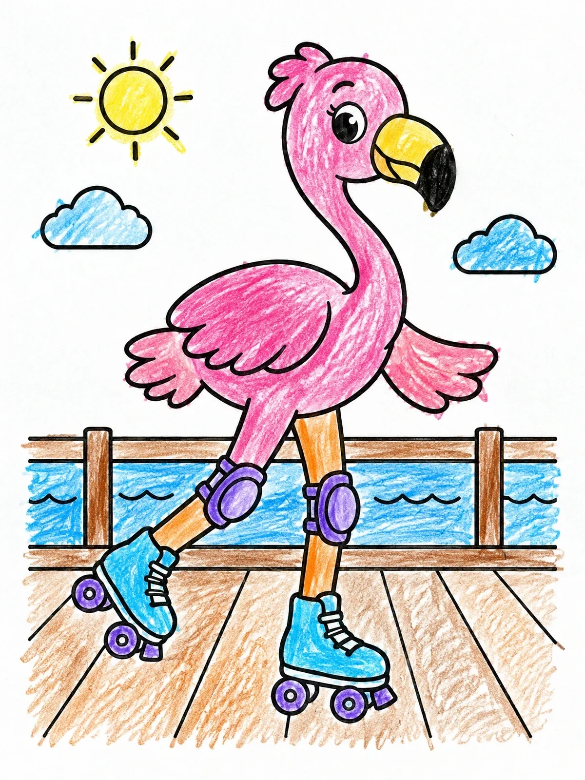 Colored example of the Roller Skating Flamingo On Boardwalk coloring page