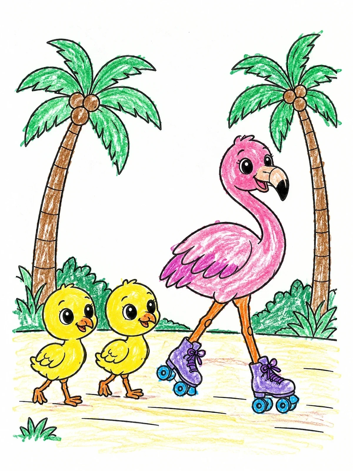 Colored example of the Roller Skating Flamingo With Chicks coloring page