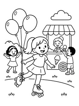 A cheerful girl in this roller skating coloring page glides past an ice cream stand.