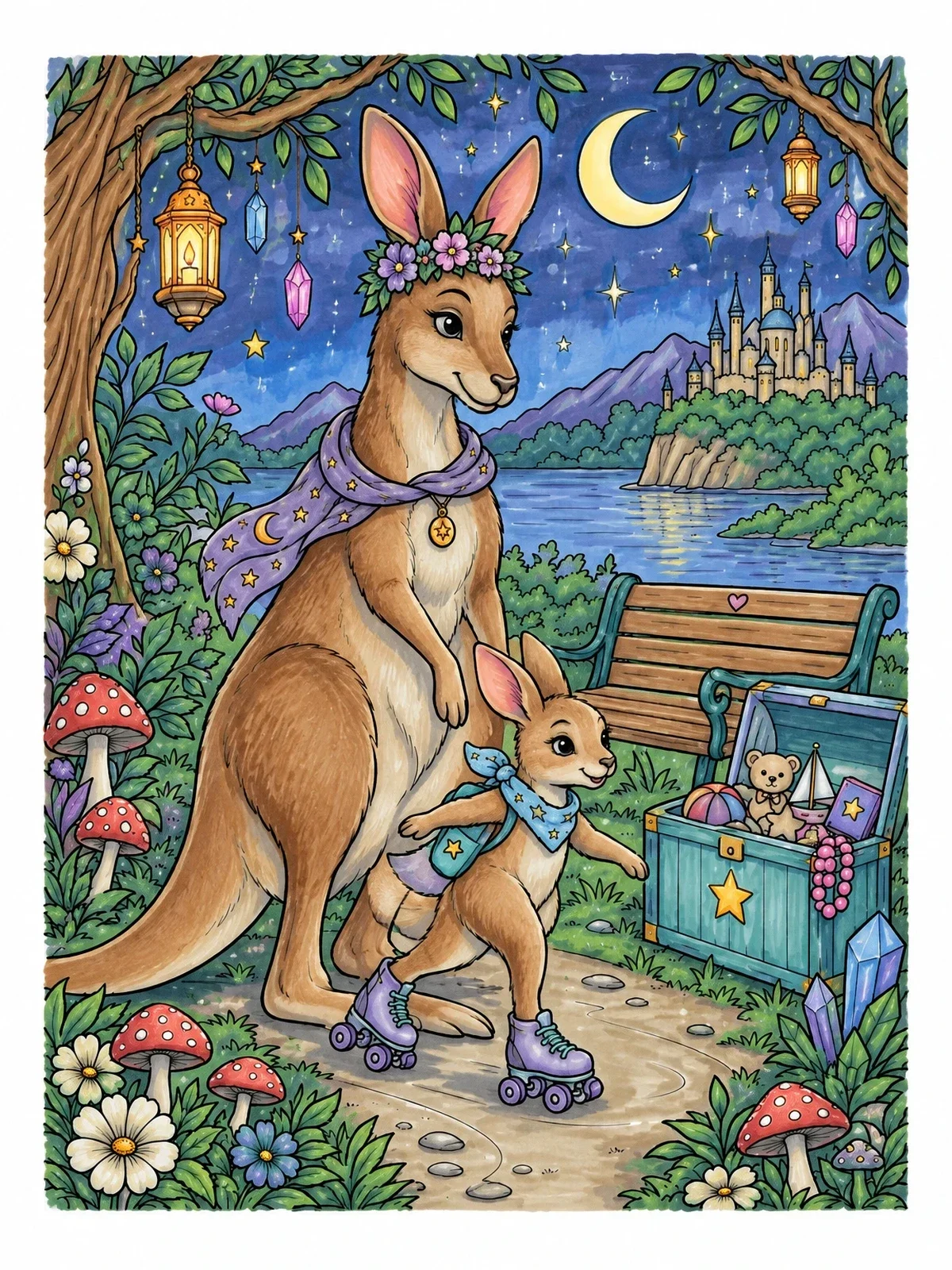 Colored example of the Roller Skating Joey And Mother Kangaroo coloring page
