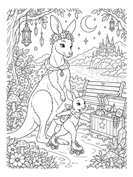 A magical night scene kangaroo coloring page with a roller-skating joey and a toy chest.