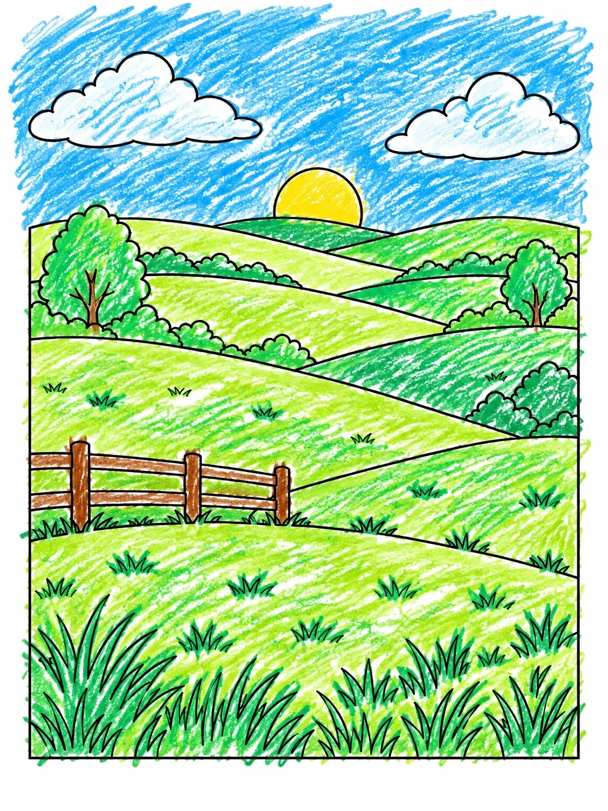 Colored example of the Rolling Grassy Hills Landscape coloring page