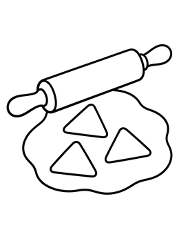 A wooden rolling pin and dough cut into triangles on a purim coloring page.