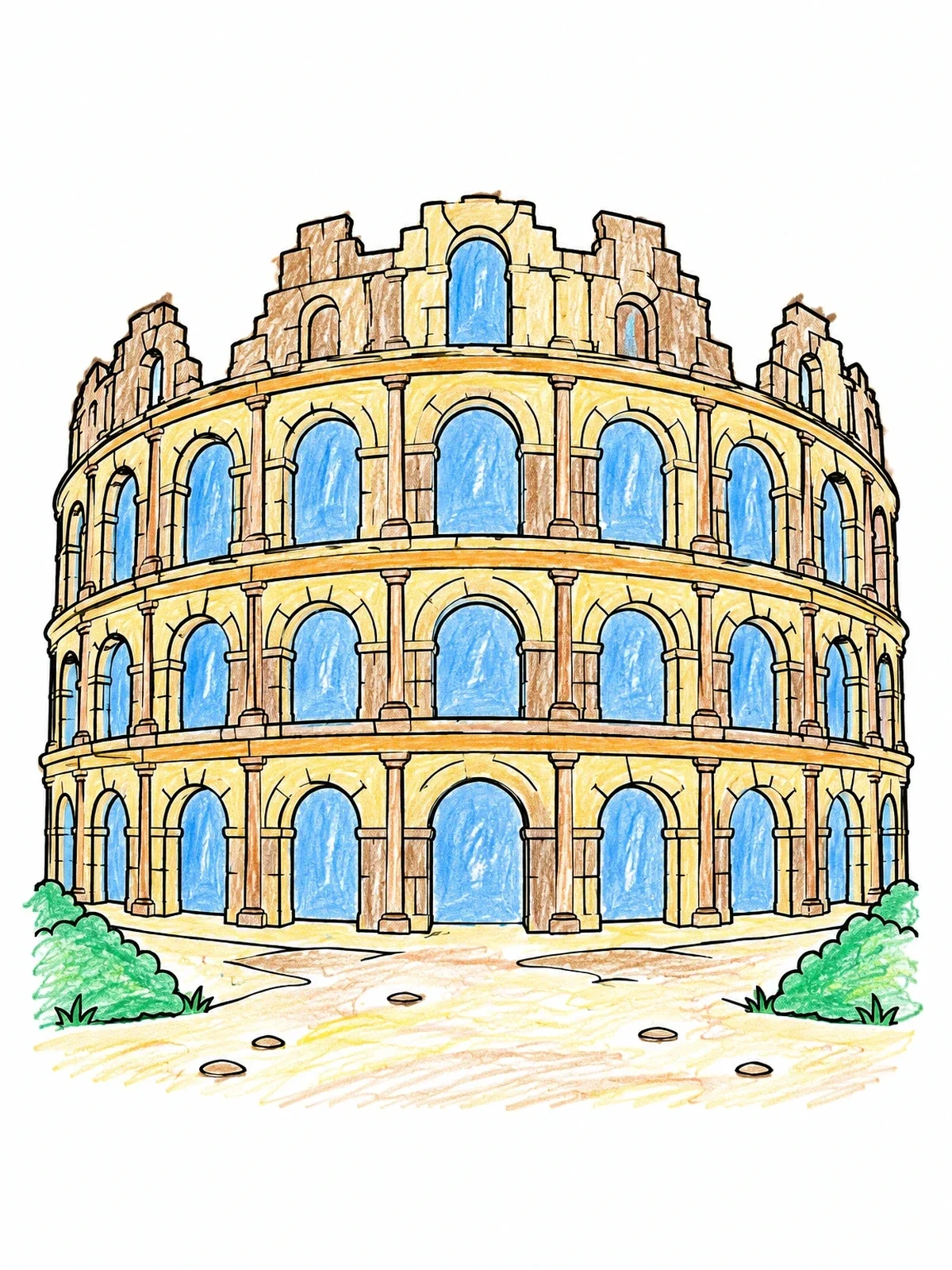 Colored example of the Roman Amphitheater Of El Jem coloring page