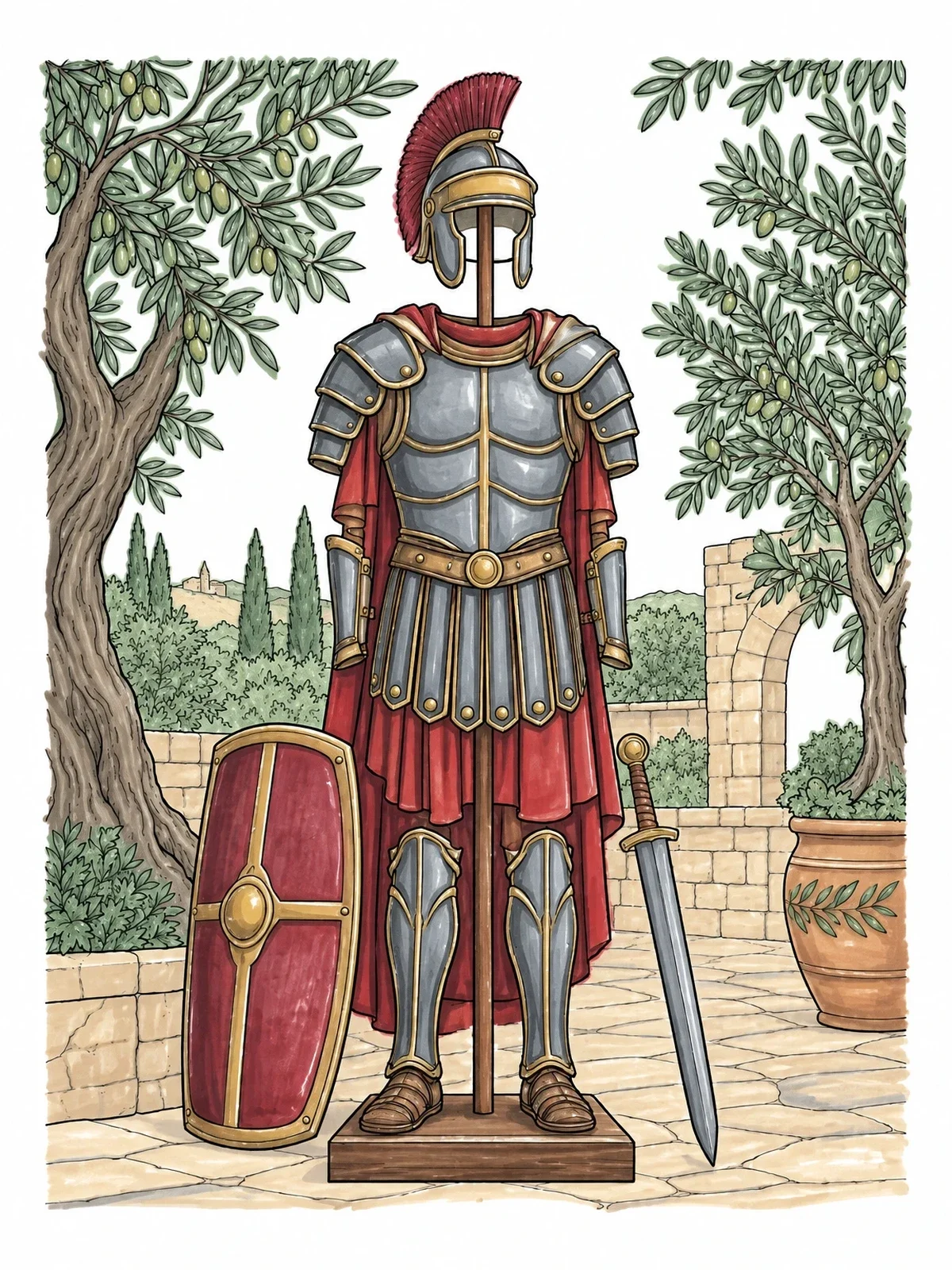Colored example of the Roman Armor Stand In Olive Courtyard coloring page