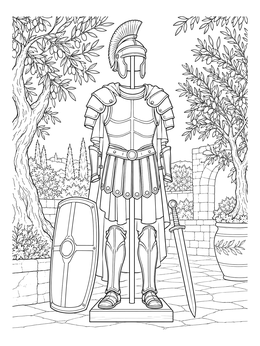 A detailed armor of god coloring page featuring Roman armor on a display stand among olive trees.