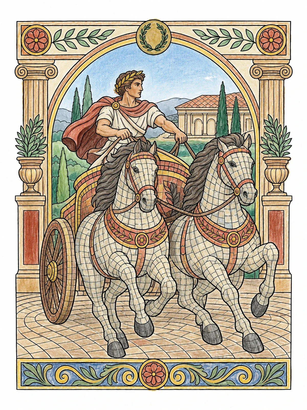 Colored example of the Roman Chariot Mosaic Art coloring page