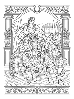 A Roman chariot rider and charging horses in this mosaic coloring page.