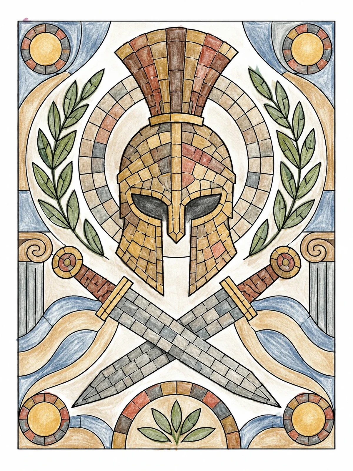 Colored example of the Roman Gladiator Helmet Mosaic Art coloring page