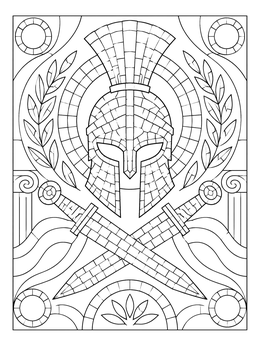 A mosaic coloring page of a Roman helmet with crossed swords and laurel wreaths.