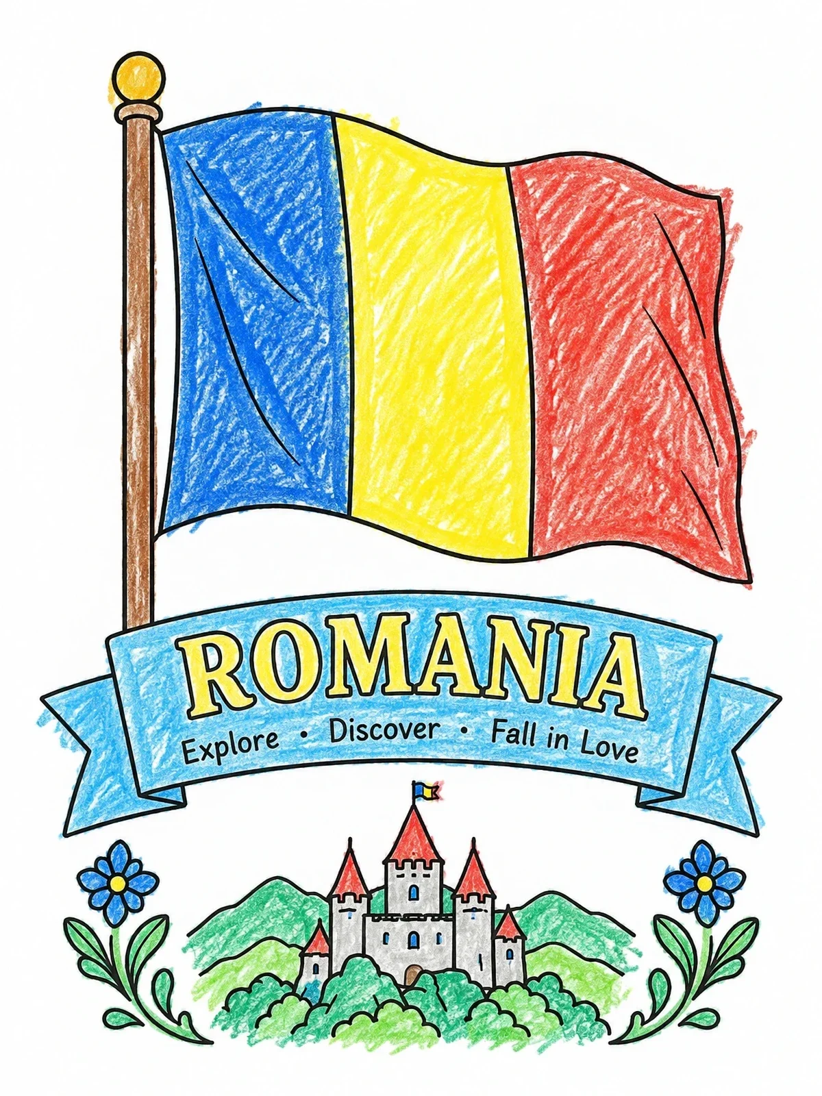 Colored example of the Romania Flag And Castle Banner coloring page