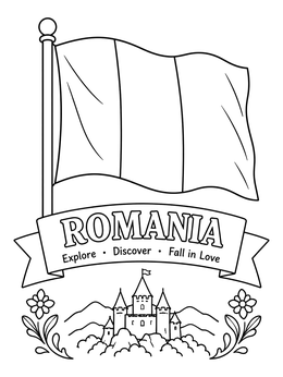A waving flag and medieval castle emblem on this romania coloring page.
