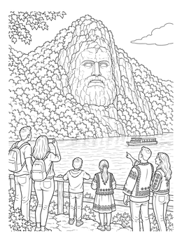 Tourists view the Decebalus rock sculpture on this romania coloring page.