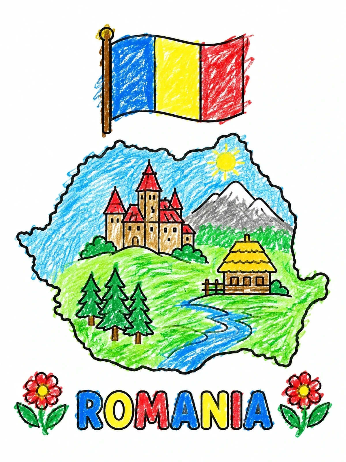Colored example of the Romania Map And Landmarks coloring page