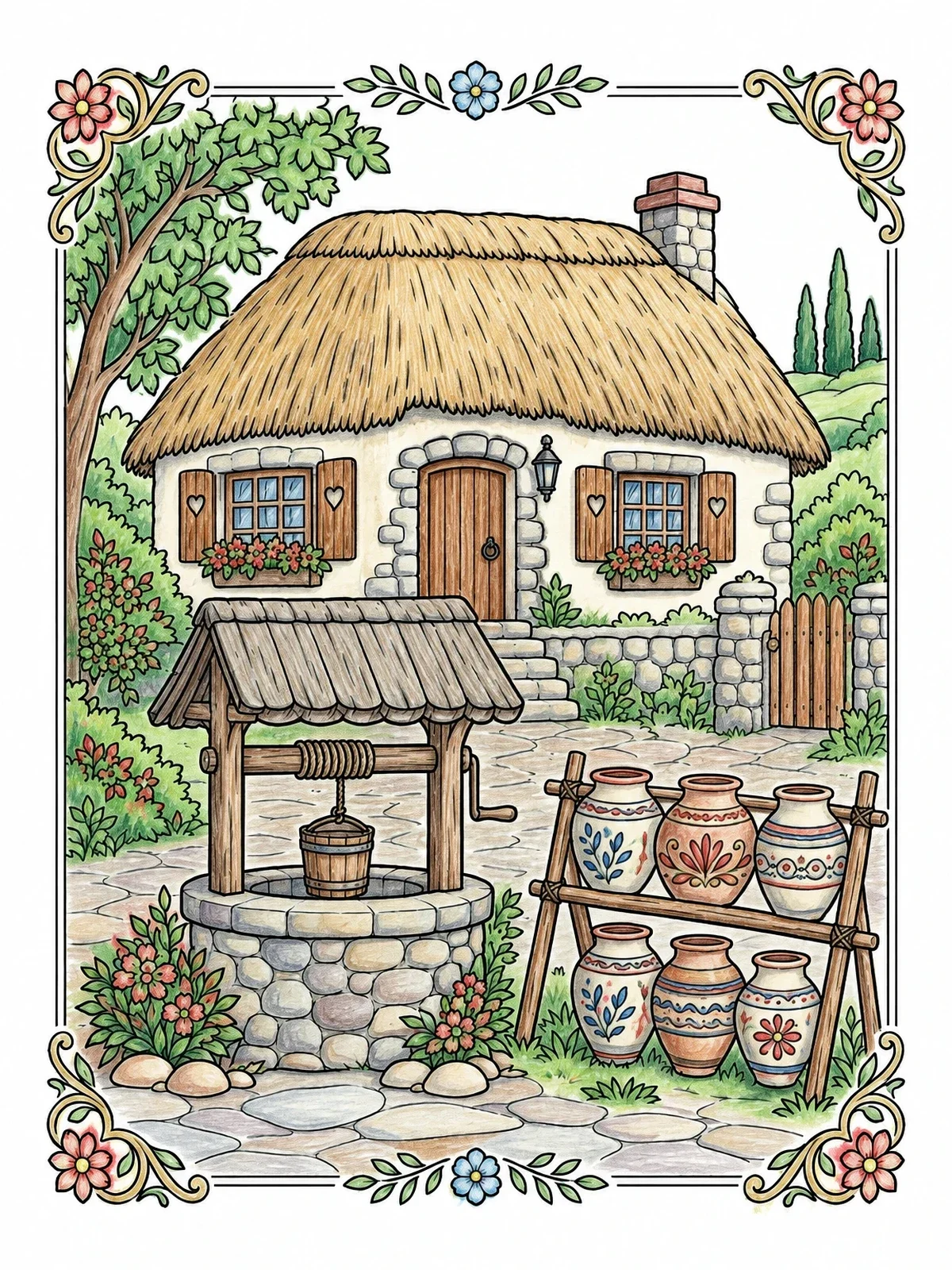 Colored example of the Traditional Romanian Cottage And Courtyard coloring page