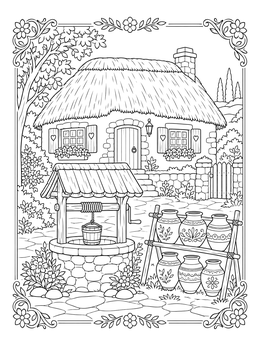 Rustic cottage with a thatched roof and water well on this romania coloring page.