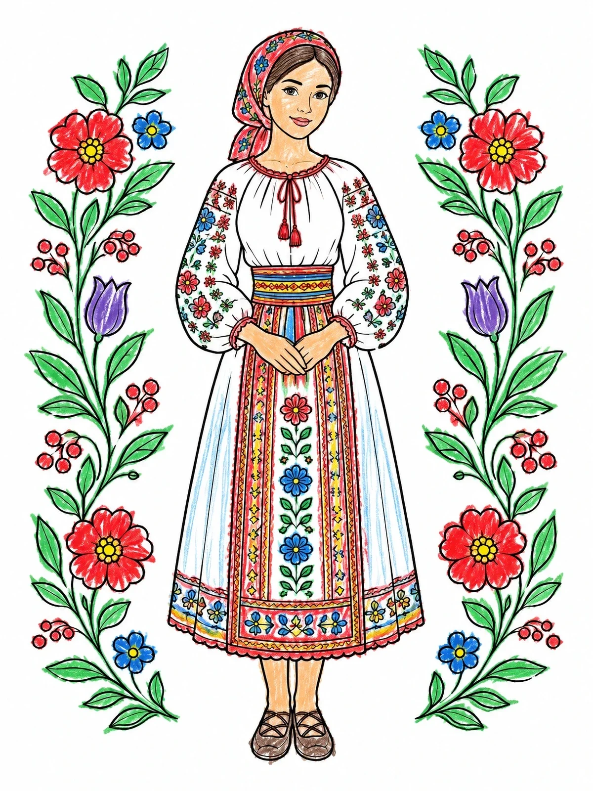 Colored example of the Romanian Folk Costume And Floral Vines coloring page