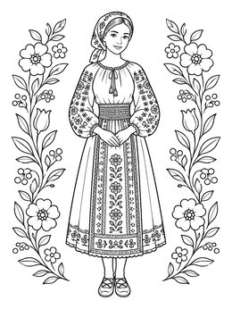 Free printable Romanian Folk Costume And Floral Vines coloring page