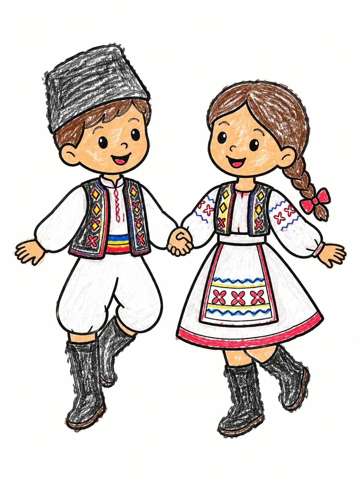 Colored example of the Romanian Folk Dance Children coloring page