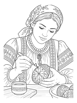 A woman in folk attire decorates an egg in this romania coloring page.