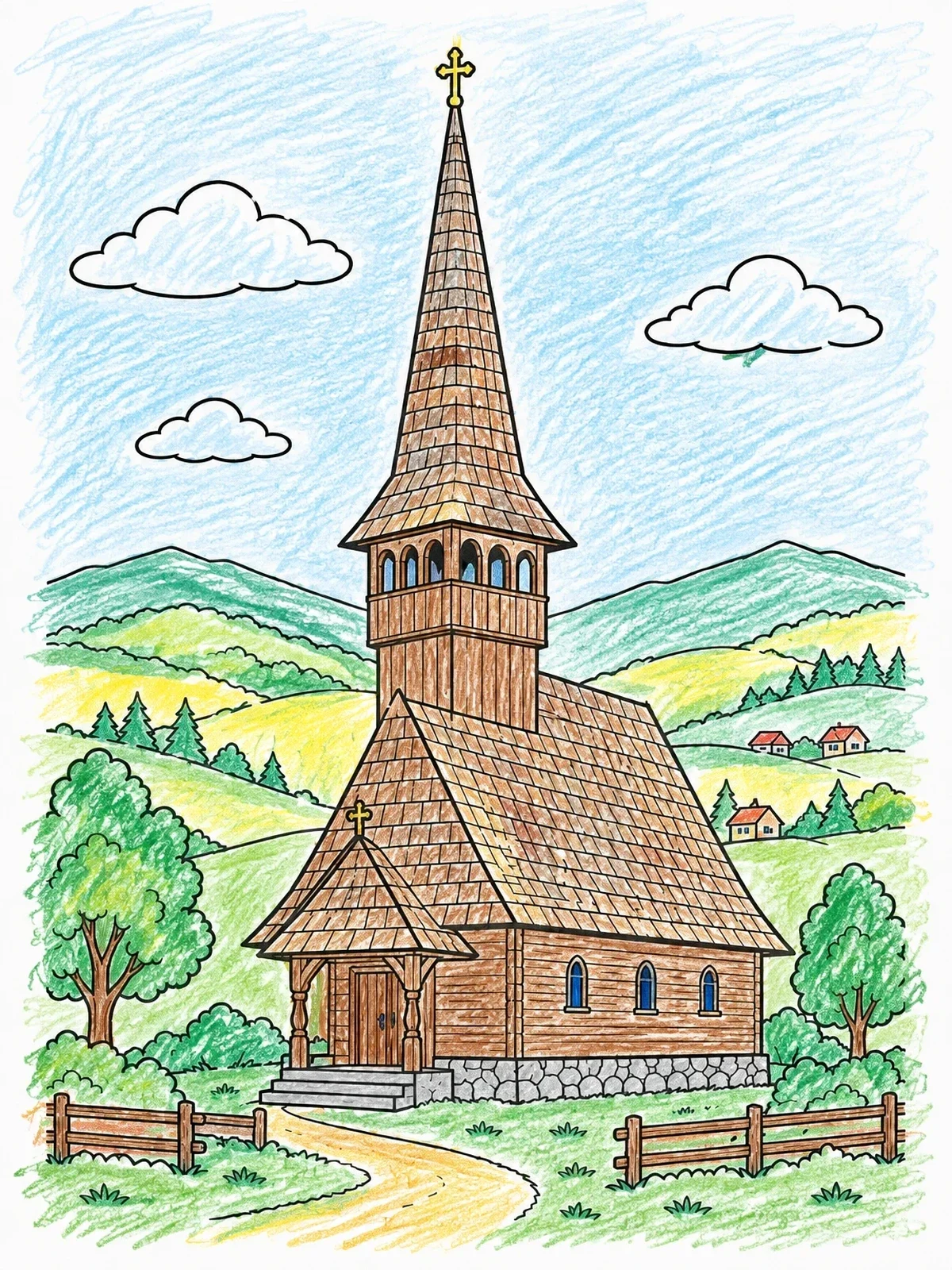 Colored example of the Traditional Romanian Wooden Church In Hills coloring page
