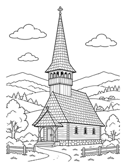 Free printable Traditional Romanian Wooden Church In Hills coloring page