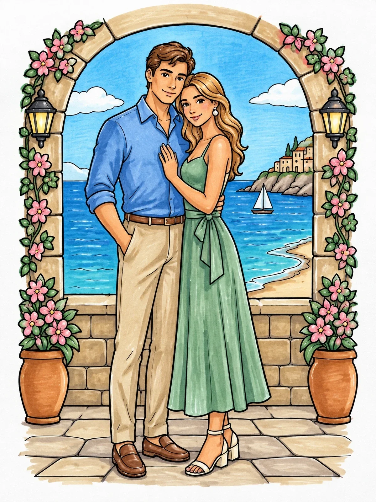 Colored example of the Romantic Couple By The Coast coloring page