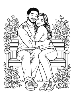 A smiling couple hugs on a wooden bench in this romantic coloring page with roses.