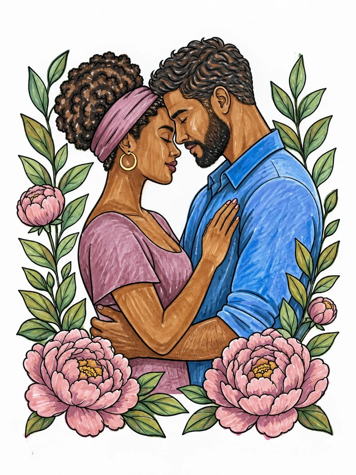 Colored example of the Romantic Couple With Peonies coloring page