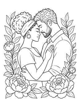 An intimate couple coloring page featuring a loving embrace surrounded by lush blooming peonies and leafy vines.