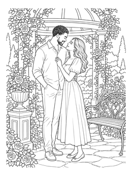 A romantic coloring page showing an affectionate couple standing inside a flowered garden gazebo.