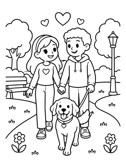 Free printable Young Couple Walking Dog In Park coloring page