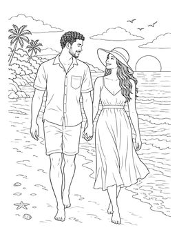 A romantic coloring page showing a young couple holding hands by the ocean at sunset.