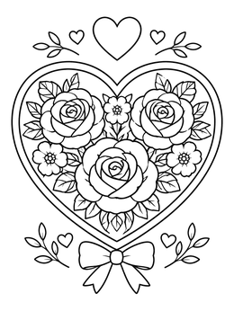 Free printable Floral Heart With Roses And Bow coloring page
