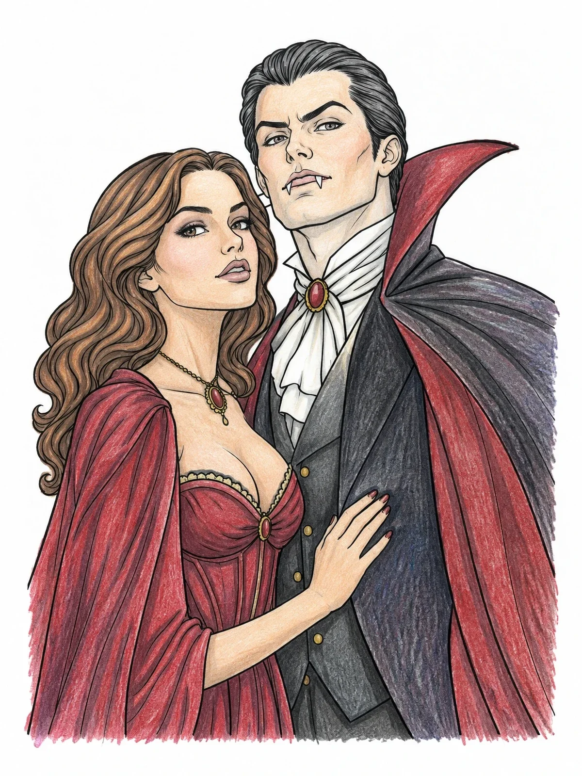 Colored example of the Romantic Gothic Vampire Couple coloring page